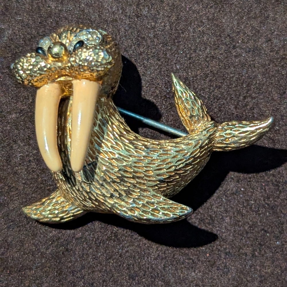Vintage Gilt Rhinestone Enamel Jomaz Joseph Mazer Gold and Cream Walrus Brooch